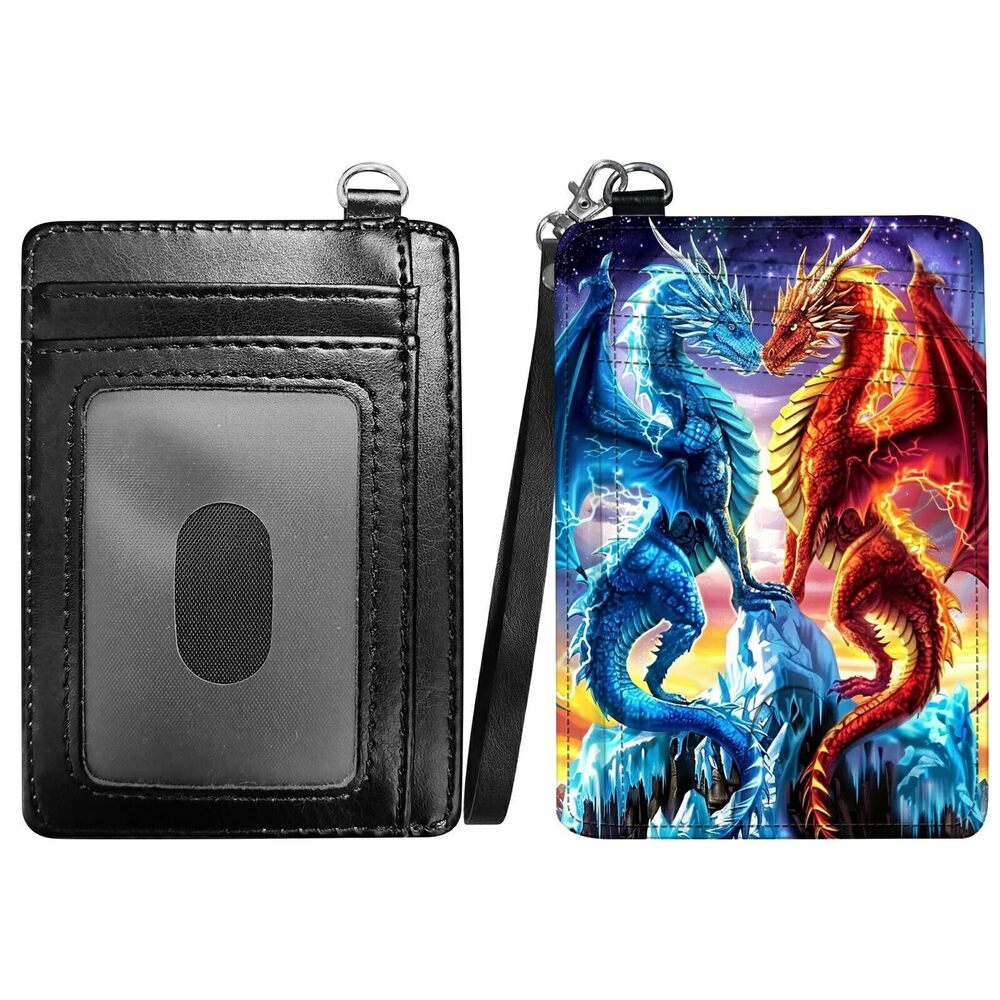 3890 Red Blue Dragon Slim Minimalist Wallet with Lanyard Strap, PU Leather